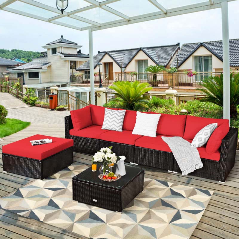 6 Piece Outdoor Rattan Sectional Sofa Set with 4 Cushioned Chairs, Ottoman & Coffee Table, Wicker Patio Conversation Furniture for Backyard
