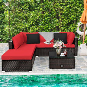 6 Piece Outdoor Rattan Sectional Sofa Set with 4 Cushioned Chairs, Ottoman & Coffee Table, Wicker Patio Conversation Furniture for Backyard