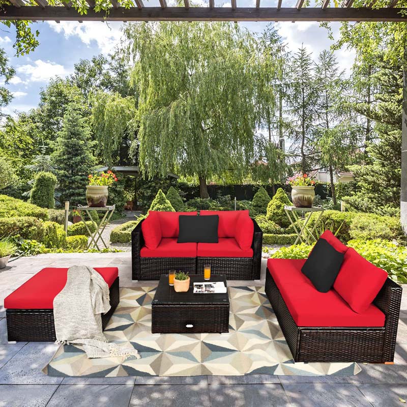 6 Piece Outdoor Rattan Sectional Sofa Set with 4 Cushioned Chairs, Ottoman & Coffee Table, Wicker Patio Conversation Furniture for Backyard