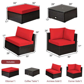 6 Piece Outdoor Rattan Sectional Sofa Set with 4 Cushioned Chairs, Ottoman & Coffee Table, Wicker Patio Conversation Furniture for Backyard