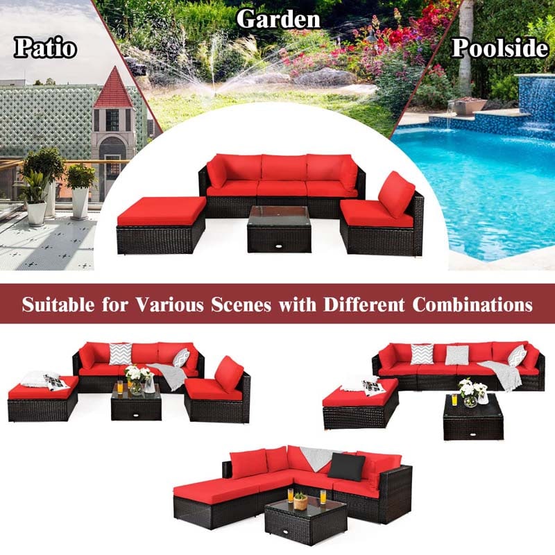 6 Piece Outdoor Rattan Sectional Sofa Set with 4 Cushioned Chairs, Ottoman & Coffee Table, Wicker Patio Conversation Furniture for Backyard