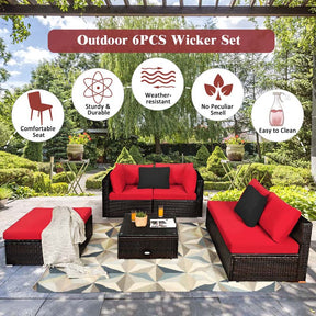 6 Piece Outdoor Rattan Sectional Sofa Set with 4 Cushioned Chairs, Ottoman & Coffee Table, Wicker Patio Conversation Furniture for Backyard
