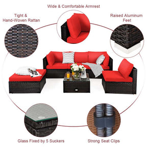 6 Piece Outdoor Rattan Sectional Sofa Set with 4 Cushioned Chairs, Ottoman & Coffee Table, Wicker Patio Conversation Furniture for Backyard