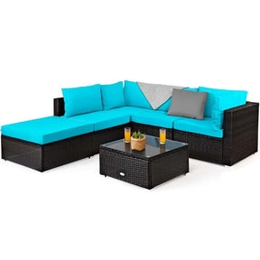 6 Piece Outdoor Rattan Sectional Sofa Set with 4 Cushioned Chairs, Ottoman & Coffee Table, Wicker Patio Conversation Furniture for Backyard