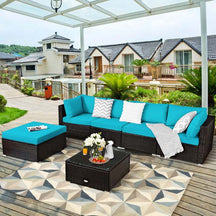 6 Piece Outdoor Rattan Sectional Sofa Set with 4 Cushioned Chairs, Ottoman & Coffee Table, Wicker Patio Conversation Furniture for Backyard
