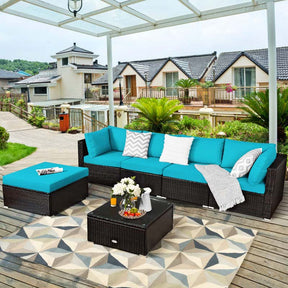 6 Piece Outdoor Rattan Sectional Sofa Set with 4 Cushioned Chairs, Ottoman & Coffee Table, Wicker Patio Conversation Furniture for Backyard