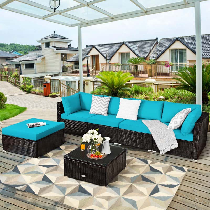 6 Piece Outdoor Rattan Sectional Sofa Set with 4 Cushioned Chairs, Ottoman & Coffee Table, Wicker Patio Conversation Furniture for Backyard