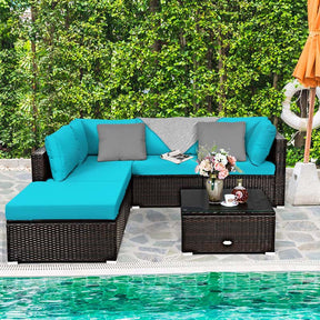 6 Piece Outdoor Rattan Sectional Sofa Set with 4 Cushioned Chairs, Ottoman & Coffee Table, Wicker Patio Conversation Furniture for Backyard