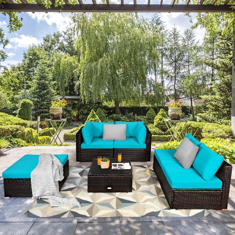 6 Piece Outdoor Rattan Sectional Sofa Set with 4 Cushioned Chairs, Ottoman & Coffee Table, Wicker Patio Conversation Furniture for Backyard