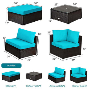 6 Piece Outdoor Rattan Sectional Sofa Set with 4 Cushioned Chairs, Ottoman & Coffee Table, Wicker Patio Conversation Furniture for Backyard