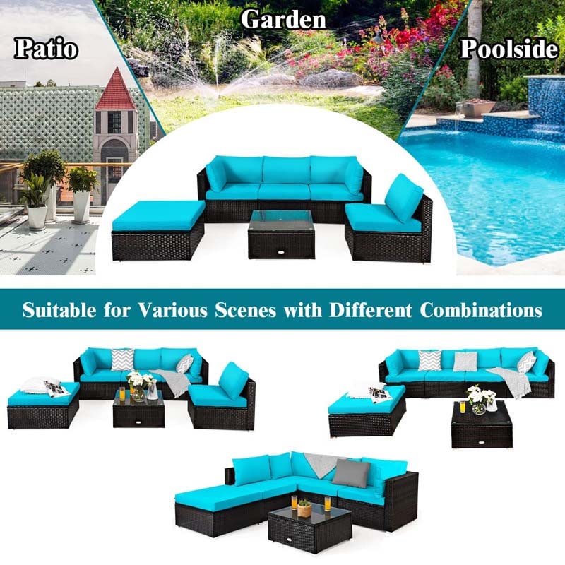 6 Piece Outdoor Rattan Sectional Sofa Set with 4 Cushioned Chairs, Ottoman & Coffee Table, Wicker Patio Conversation Furniture for Backyard