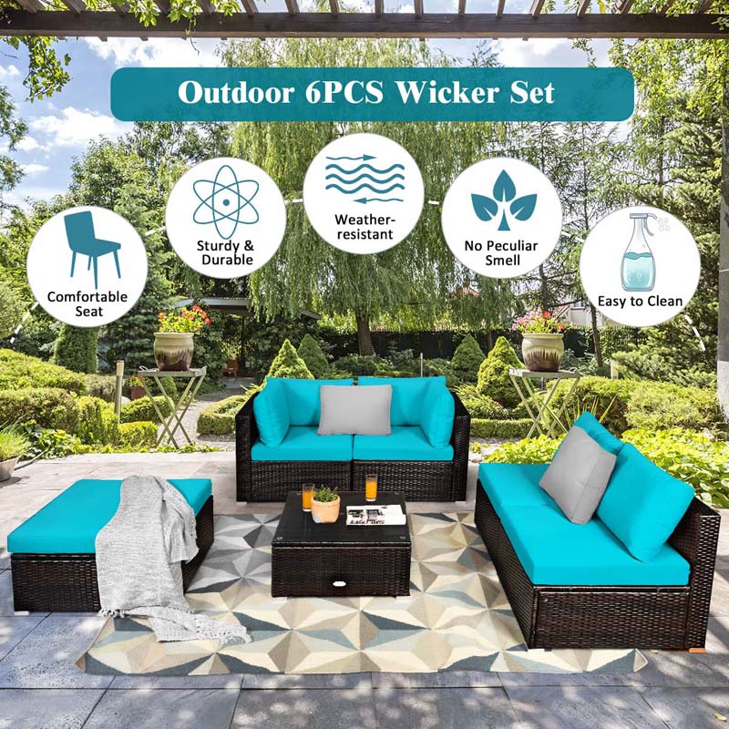 6 Piece Outdoor Rattan Sectional Sofa Set with 4 Cushioned Chairs, Ottoman & Coffee Table, Wicker Patio Conversation Furniture for Backyard