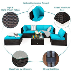 6 Piece Outdoor Rattan Sectional Sofa Set with 4 Cushioned Chairs, Ottoman & Coffee Table, Wicker Patio Conversation Furniture for Backyard
