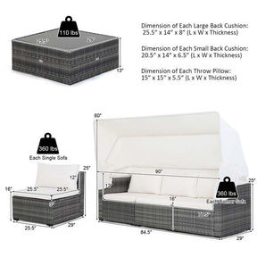 6 Pcs Rattan Patio Sectional Furniture Set Outdoor Safa Couch Set with Retractable Canopy & Cushions