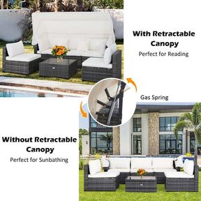 6 Pcs Rattan Patio Sectional Furniture Set Outdoor Safa Couch Set with Retractable Canopy & Cushions