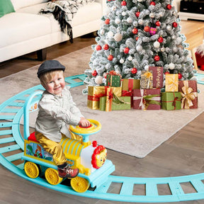 6V Electric Kids Ride on Train with 16PCS Tracks, Battery Powered Motorized Toy Train with 6 Wheels, Storage Seat, Lights & Music for Toddlers
