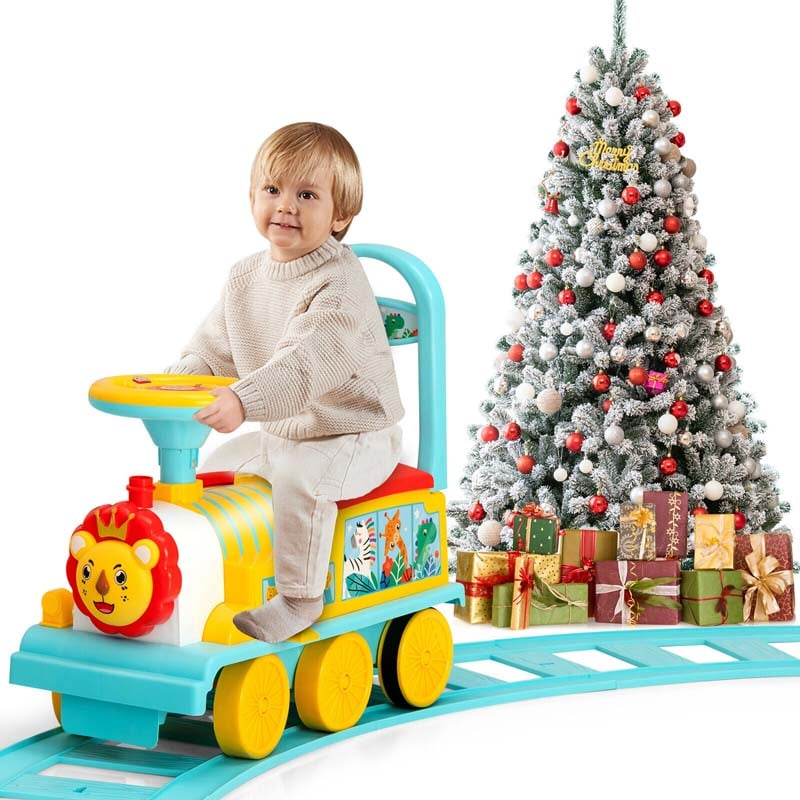 6V Electric Kids Ride on Train with 16PCS Tracks, Battery Powered Motorized Toy Train with 6 Wheels, Storage Seat, Lights & Music for Toddlers