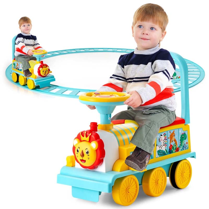 6V Electric Kids Ride on Train with 16PCS Tracks, Battery Powered Motorized Toy Train with 6 Wheels, Storage Seat, Lights & Music for Toddlers