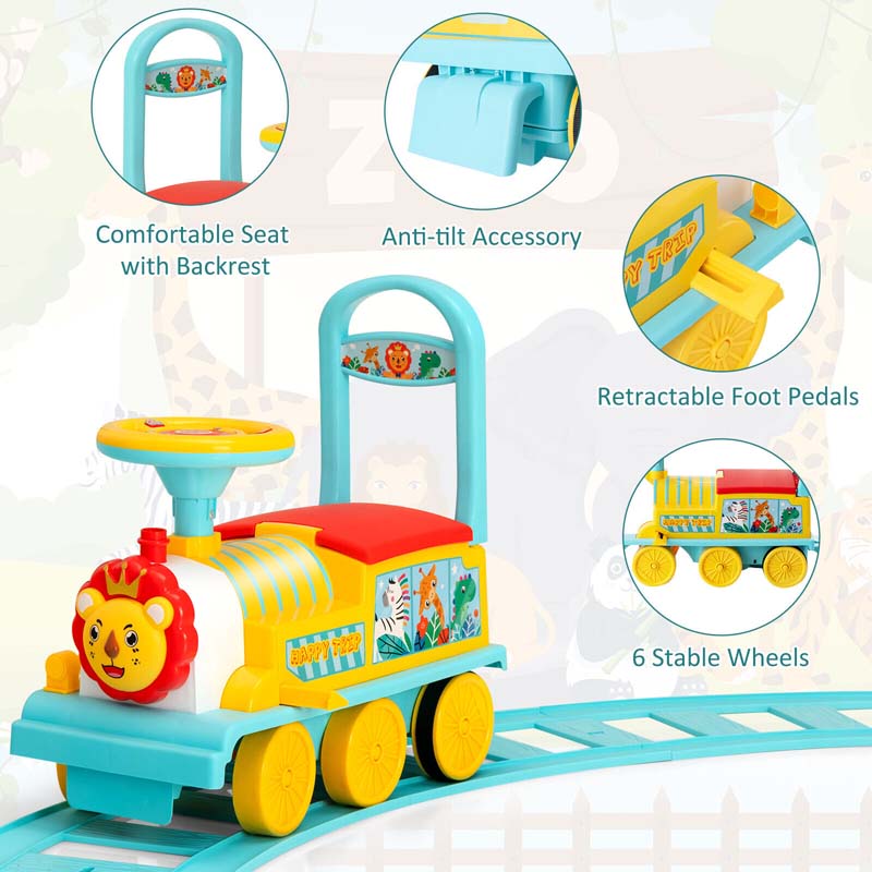 6V Electric Kids Ride on Train with 16PCS Tracks, Battery Powered Motorized Toy Train with 6 Wheels, Storage Seat, Lights & Music for Toddlers