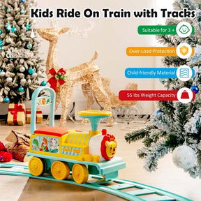 6V Electric Kids Ride on Train with 16PCS Tracks, Battery Powered Motorized Toy Train with 6 Wheels, Storage Seat, Lights & Music for Toddlers