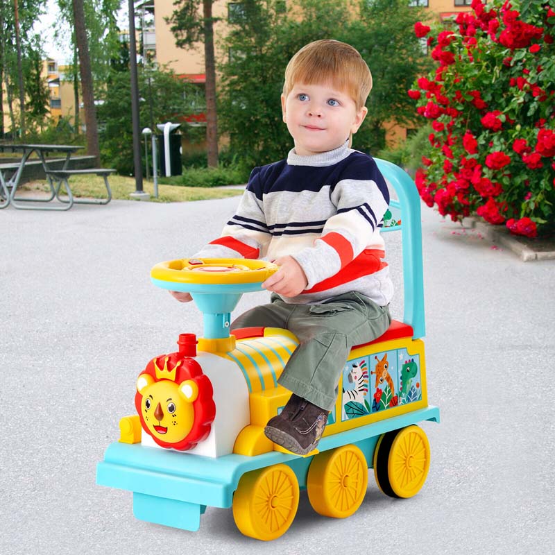 6V Electric Kids Ride on Train with 16PCS Tracks, Battery Powered Motorized Toy Train with 6 Wheels, Storage Seat, Lights & Music for Toddlers