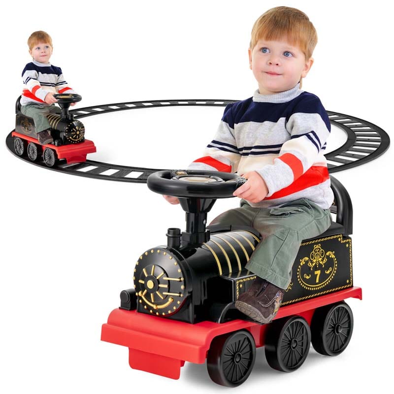 6V Electric Kids Ride on Train with 16PCS Tracks, Battery Powered Motorized Toy Train with 6 Wheels, Storage Seat, Lights & Music for Toddlers