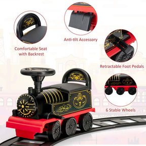 6V Electric Kids Ride on Train with 16PCS Tracks, Battery Powered Motorized Toy Train with 6 Wheels, Storage Seat, Lights & Music for Toddlers