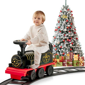 6V Electric Kids Ride on Train with 16PCS Tracks, Battery Powered Motorized Toy Train with 6 Wheels, Storage Seat, Lights & Music for Toddlers