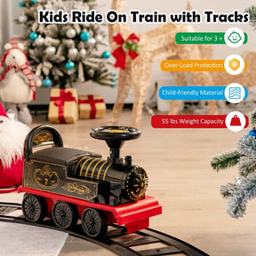 6V Electric Kids Ride on Train with 16PCS Tracks, Battery Powered Motorized Toy Train with 6 Wheels, Storage Seat, Lights & Music for Toddlers
