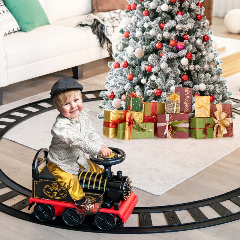 6V Electric Kids Ride on Train with 16PCS Tracks, Battery Powered Motorized Toy Train with 6 Wheels, Storage Seat, Lights & Music for Toddlers
