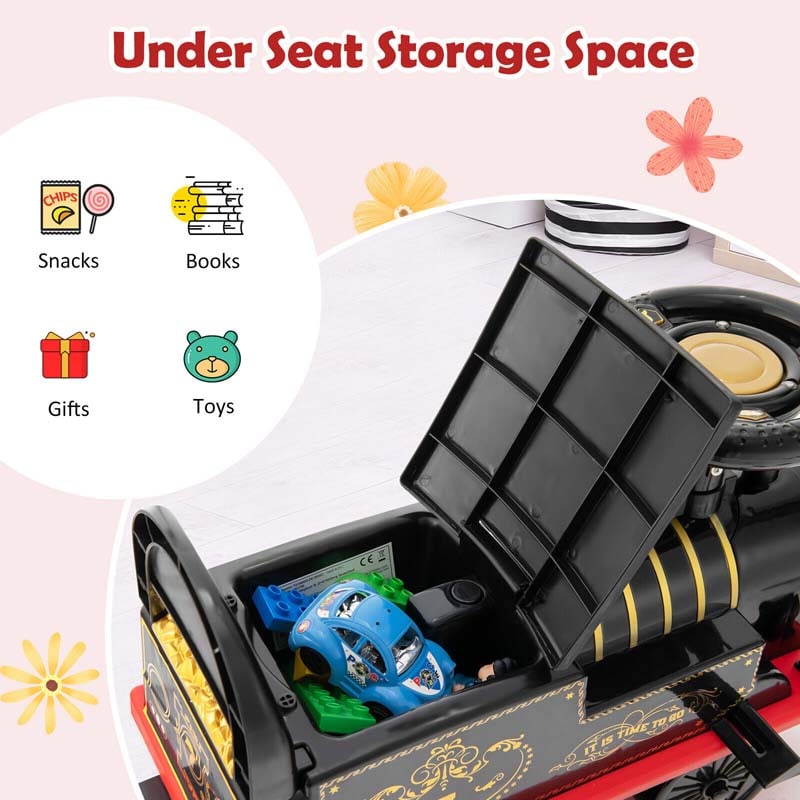6V Electric Kids Ride on Train with 16PCS Tracks, Battery Powered Motorized Toy Train with 6 Wheels, Storage Seat, Lights & Music for Toddlers