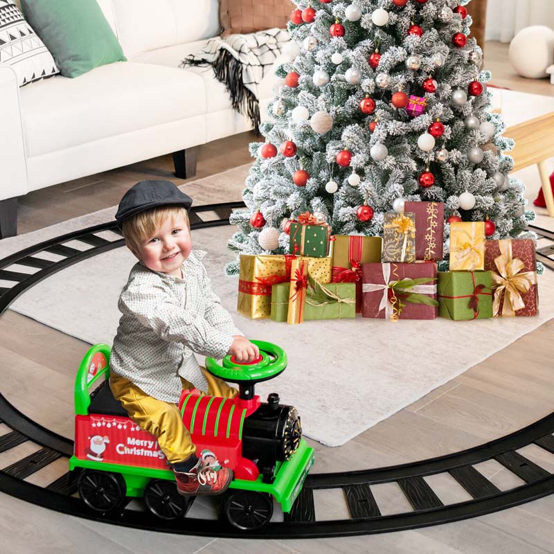 6V Electric Kids Ride on Train with 16PCS Tracks, Battery Powered Motorized Toy Train with 6 Wheels, Storage Seat, Lights & Music for Toddlers