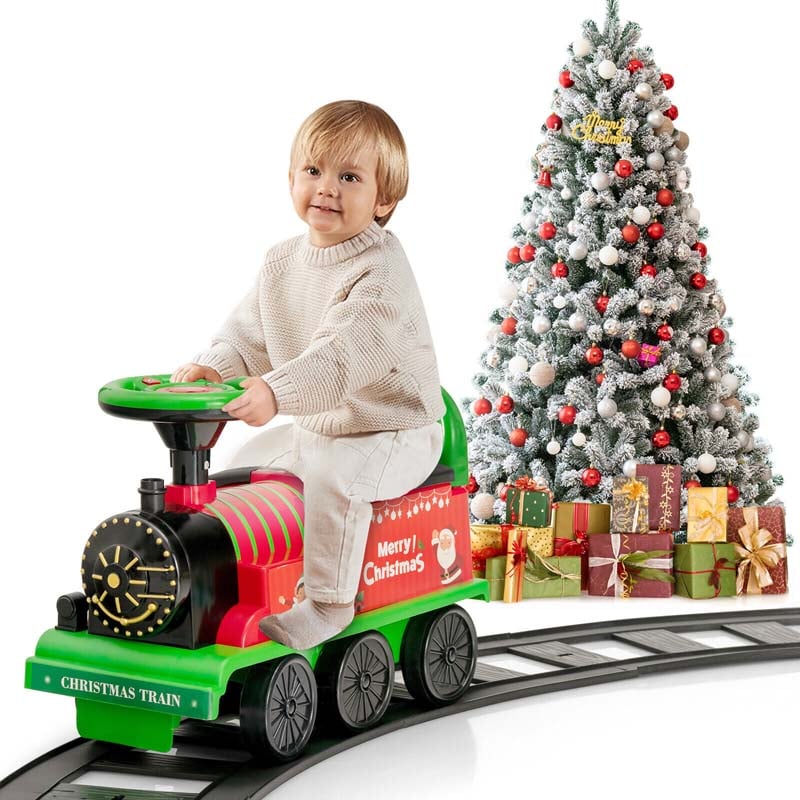 6V Electric Kids Ride on Train with 16PCS Tracks, Battery Powered Motorized Toy Train with 6 Wheels, Storage Seat, Lights & Music for Toddlers