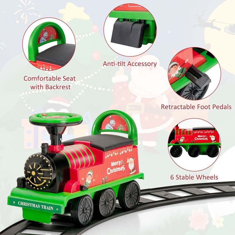 6V Electric Kids Ride on Train with 16PCS Tracks, Battery Powered Motorized Toy Train with 6 Wheels, Storage Seat, Lights & Music for Toddlers