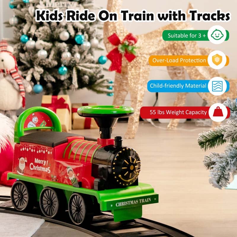 6V Electric Kids Ride on Train with 16PCS Tracks, Battery Powered Motorized Toy Train with 6 Wheels, Storage Seat, Lights & Music for Toddlers