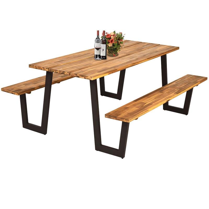 70" Patented Acacia Wood Picnic Table Bench Set with Umbrella Hole, 6-8 Person Outdoor Patio Dining Table, Heavy Duty Metal Frame Beer Garden Table