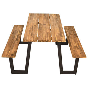 70" Patented Acacia Wood Picnic Table Bench Set with Umbrella Hole, 6-8 Person Outdoor Patio Dining Table, Heavy Duty Metal Frame Beer Garden Table