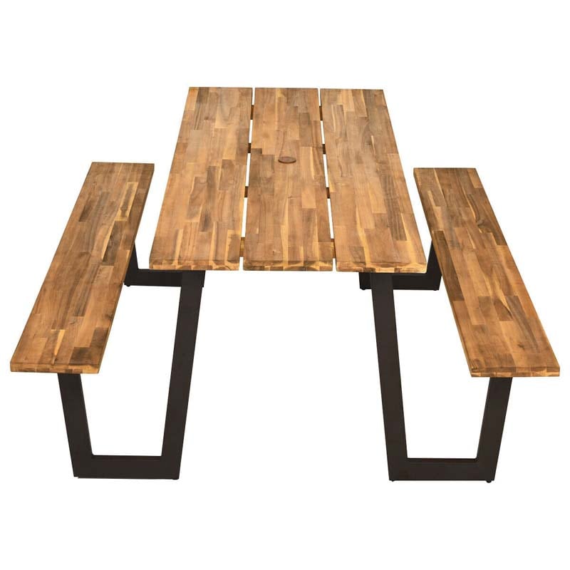 70" Patented Acacia Wood Picnic Table Bench Set with Umbrella Hole, 6-8 Person Outdoor Patio Dining Table, Heavy Duty Metal Frame Beer Garden Table