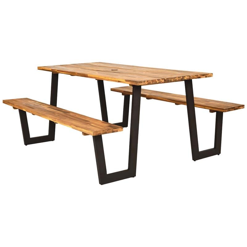 70" Patented Acacia Wood Picnic Table Bench Set with Umbrella Hole, 6-8 Person Outdoor Patio Dining Table, Heavy Duty Metal Frame Beer Garden Table