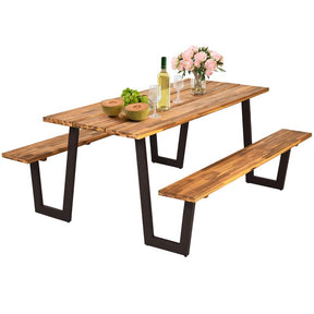 70" Patented Acacia Wood Picnic Table Bench Set with Umbrella Hole, 6-8 Person Outdoor Patio Dining Table, Heavy Duty Metal Frame Beer Garden Table