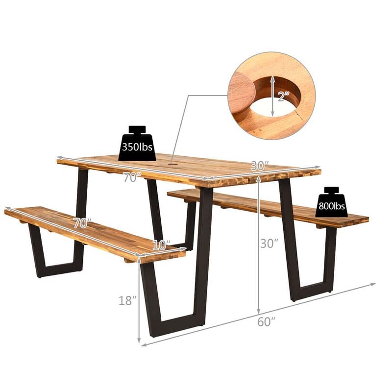70" Patented Acacia Wood Picnic Table Bench Set with Umbrella Hole, 6-8 Person Outdoor Patio Dining Table, Heavy Duty Metal Frame Beer Garden Table