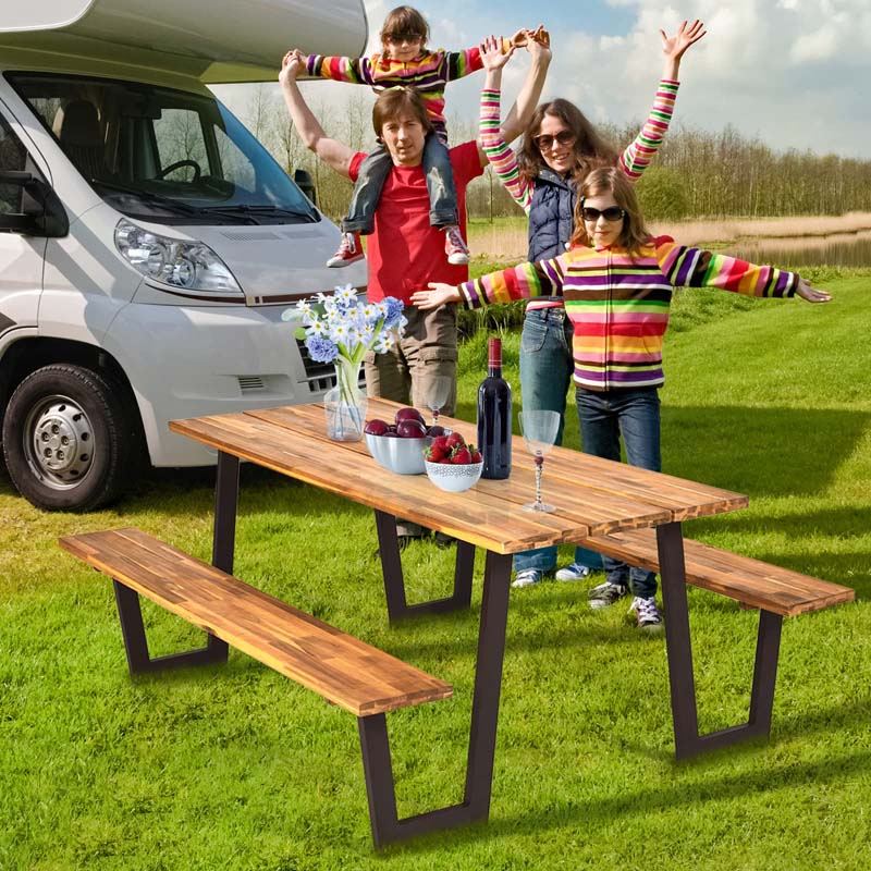 70" Patented Acacia Wood Picnic Table Bench Set with Umbrella Hole, 6-8 Person Outdoor Patio Dining Table, Heavy Duty Metal Frame Beer Garden Table