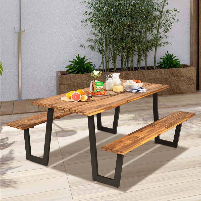 70" Patented Acacia Wood Picnic Table Bench Set with Umbrella Hole, 6-8 Person Outdoor Patio Dining Table, Heavy Duty Metal Frame Beer Garden Table