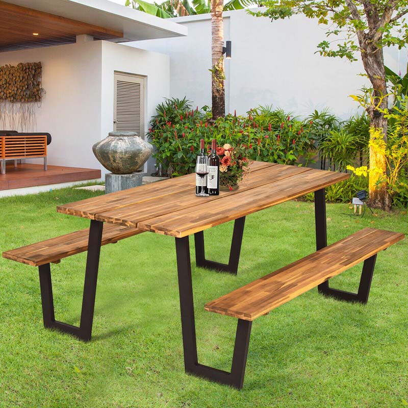 70" Patented Acacia Wood Picnic Table Bench Set with Umbrella Hole, 6-8 Person Outdoor Patio Dining Table, Heavy Duty Metal Frame Beer Garden Table