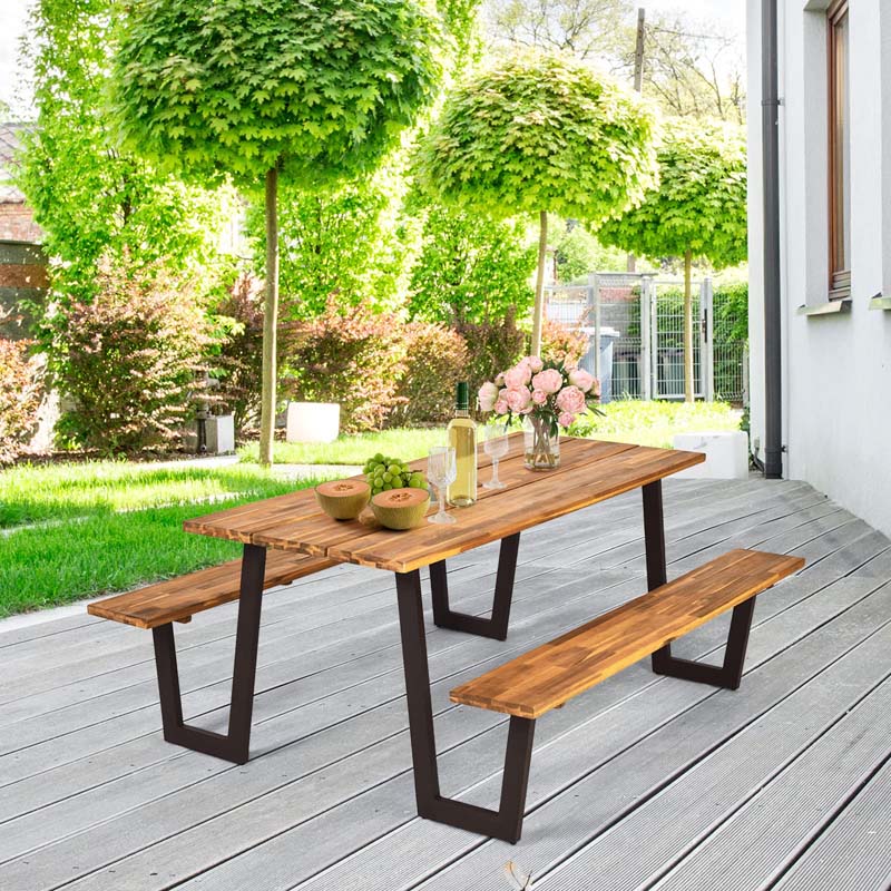 70" Patented Acacia Wood Picnic Table Bench Set with Umbrella Hole, 6-8 Person Outdoor Patio Dining Table, Heavy Duty Metal Frame Beer Garden Table