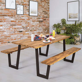70" Patented Acacia Wood Picnic Table Bench Set with Umbrella Hole, 6-8 Person Outdoor Patio Dining Table, Heavy Duty Metal Frame Beer Garden Table