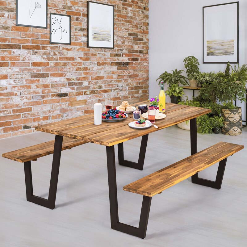 70" Patented Acacia Wood Picnic Table Bench Set with Umbrella Hole, 6-8 Person Outdoor Patio Dining Table, Heavy Duty Metal Frame Beer Garden Table