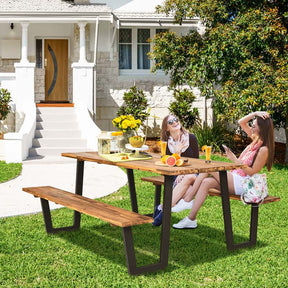 70" Patented Acacia Wood Picnic Table Bench Set with Umbrella Hole, 6-8 Person Outdoor Patio Dining Table, Heavy Duty Metal Frame Beer Garden Table