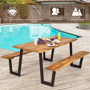 70" Patented Acacia Wood Picnic Table Bench Set with Umbrella Hole, 6-8 Person Outdoor Patio Dining Table, Heavy Duty Metal Frame Beer Garden Table