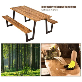 70" Patented Acacia Wood Picnic Table Bench Set with Umbrella Hole, 6-8 Person Outdoor Patio Dining Table, Heavy Duty Metal Frame Beer Garden Table